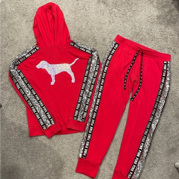 PINK Victoria's Secret Other - Victorias Secret PINK Red Mermaid Bling Zip Up Hoodie (L) and Jogger (M) Set